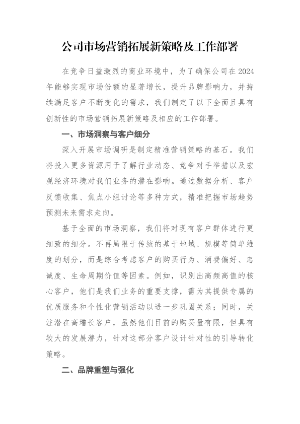 公司市场营销拓展新策略及工作部署 第 1 页